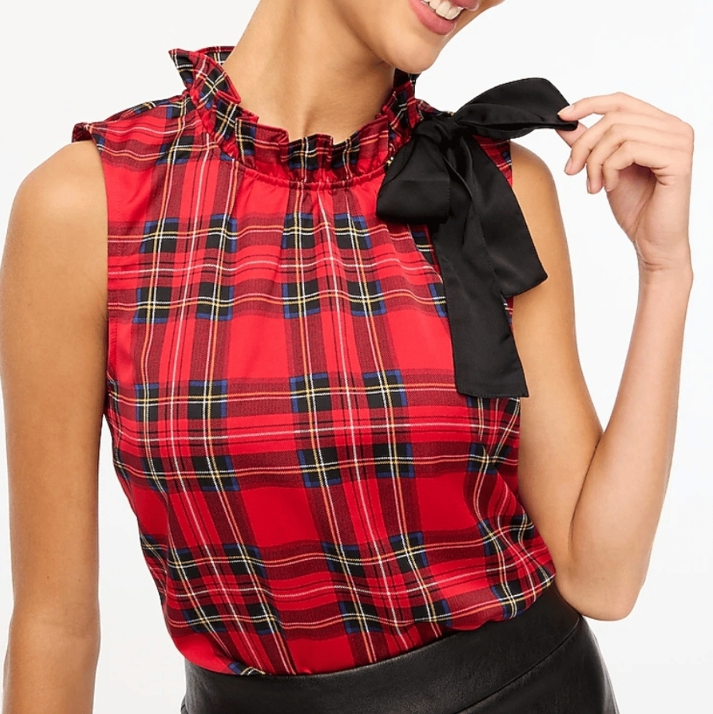 J. Crew Factory Red Plaid Sleeveless Top with Black Bow